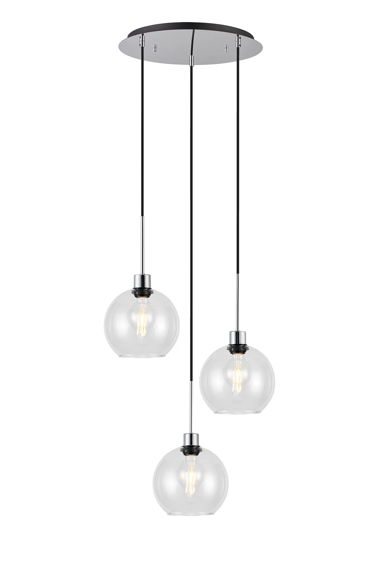 DK1272  Lori 40cm Round Pendant, 3 Light Adjustable E27, Polished Chrome/Clear Open Mouth Round Globe Shades